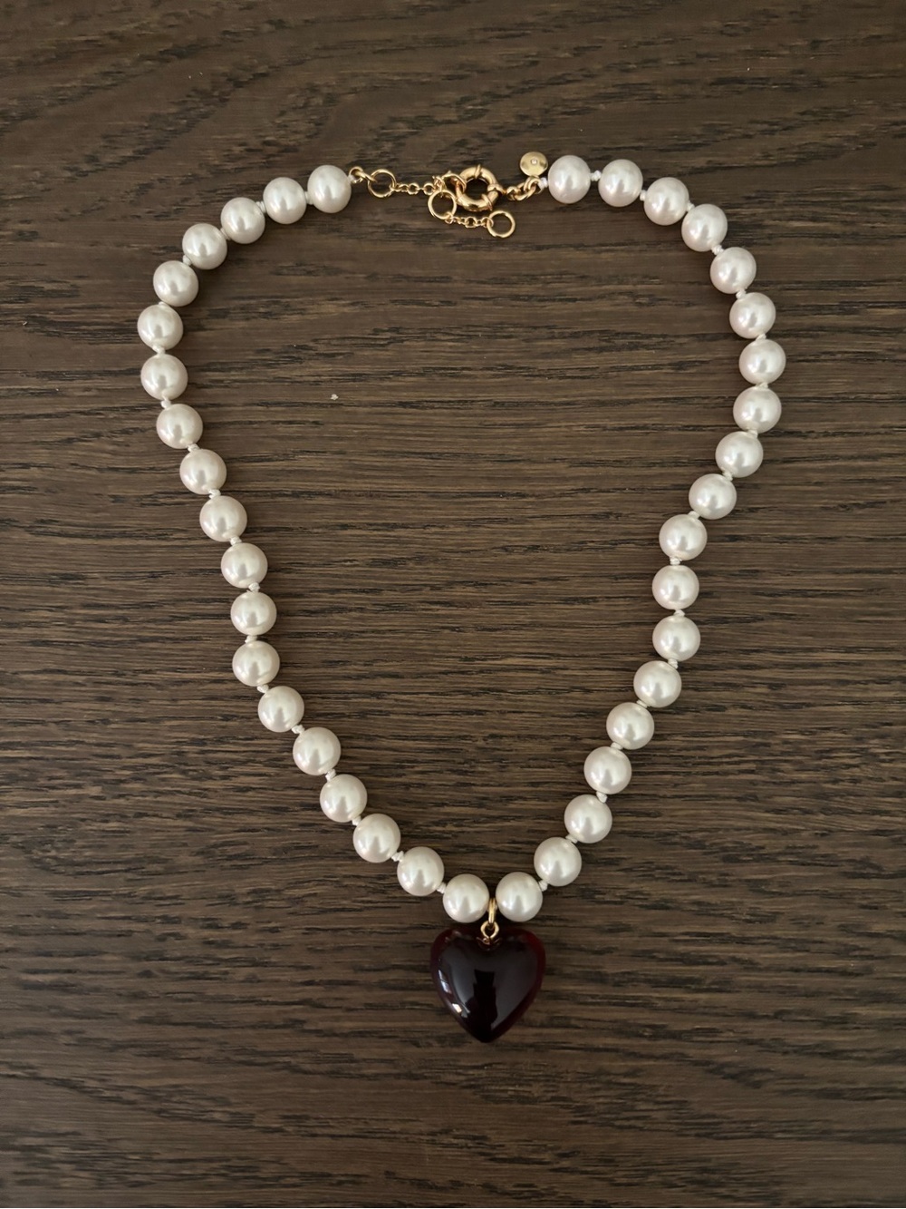 J. Crew White Pearl Necklace with Deep Red Heart Pendant